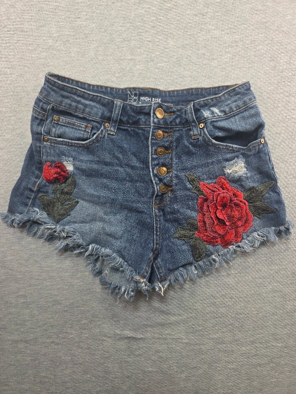 NOBO High Rise Denim Shorts Embroidered Rose Distressed Frayed Size 9